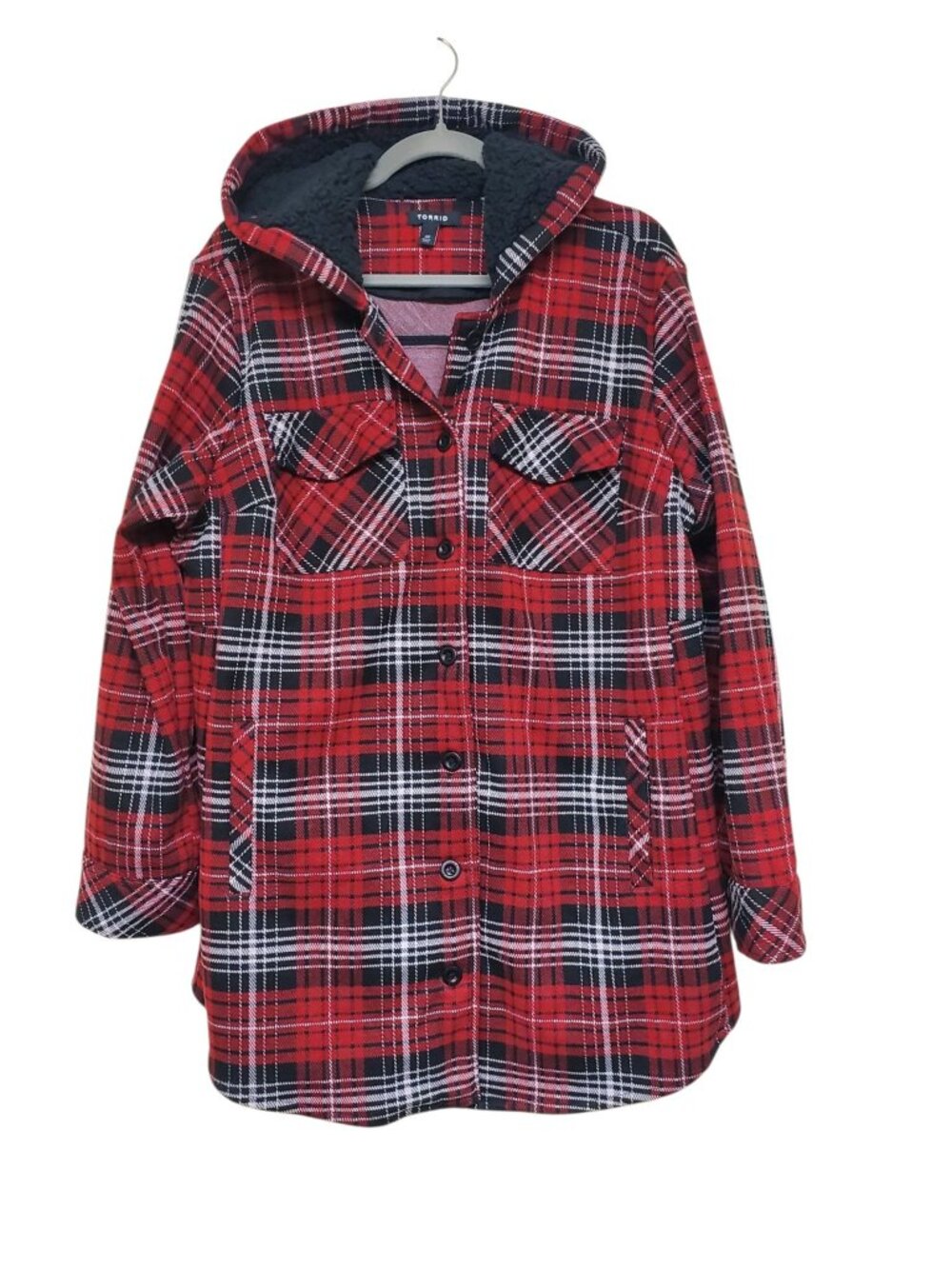 Torrid Red Black Buffalo Plaid Sherpa Lined Hooded Knit Jacket Coat Size 00